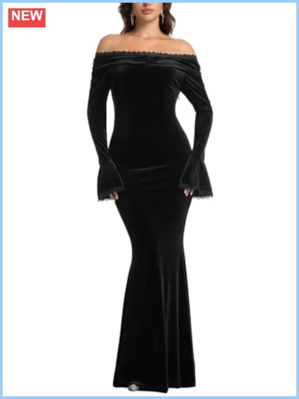 Velvet Off Shoulder Lace Trim Mermaid Maxi Wedding Dress Long Sleeve Formal